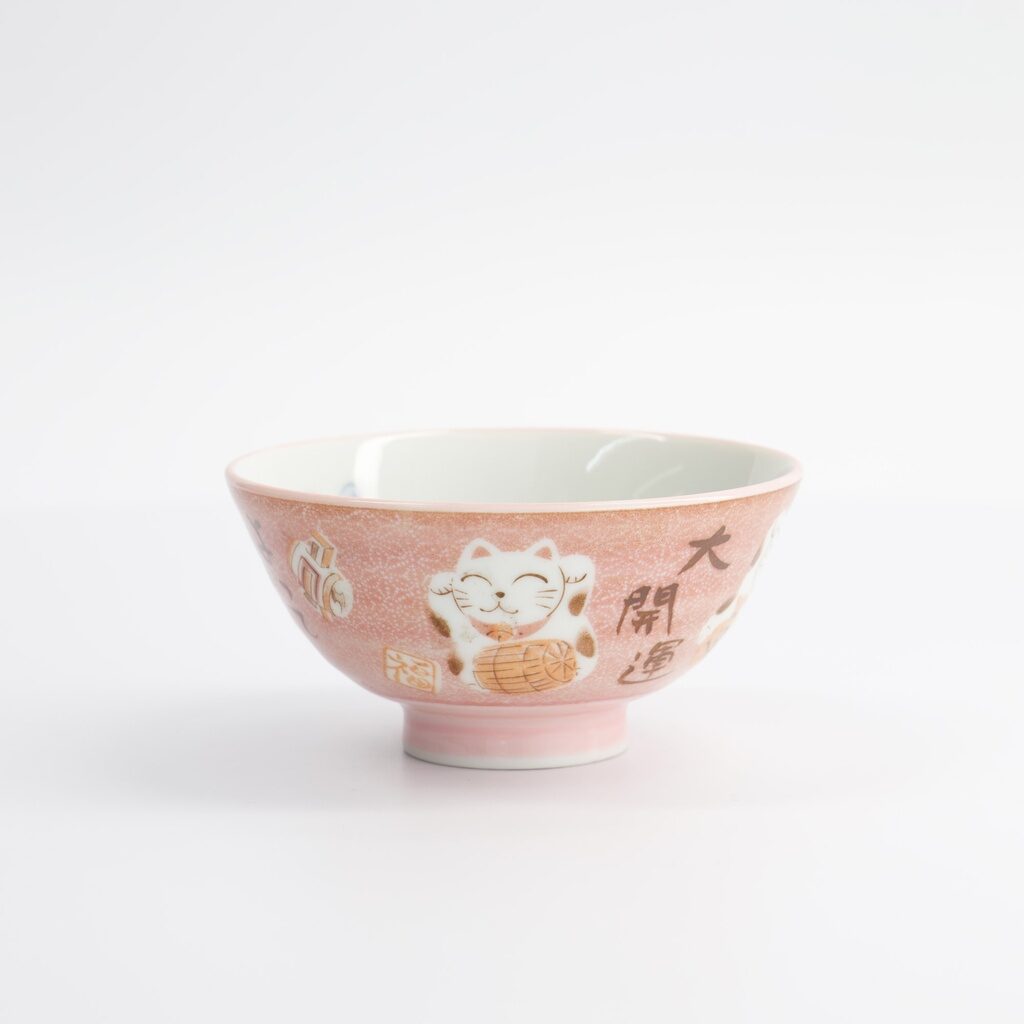 Ciotola da riso maneki-neko rosa con kanji della fortuna in porcellana – Kawaii Cat Neko - immagine 3