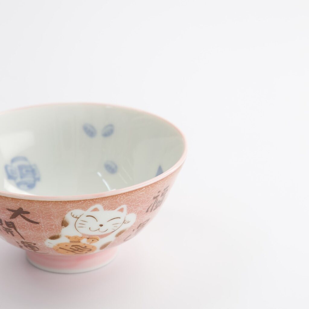 Ciotola da riso maneki-neko rosa con kanji della fortuna in porcellana – Kawaii Cat Neko - immagine 4