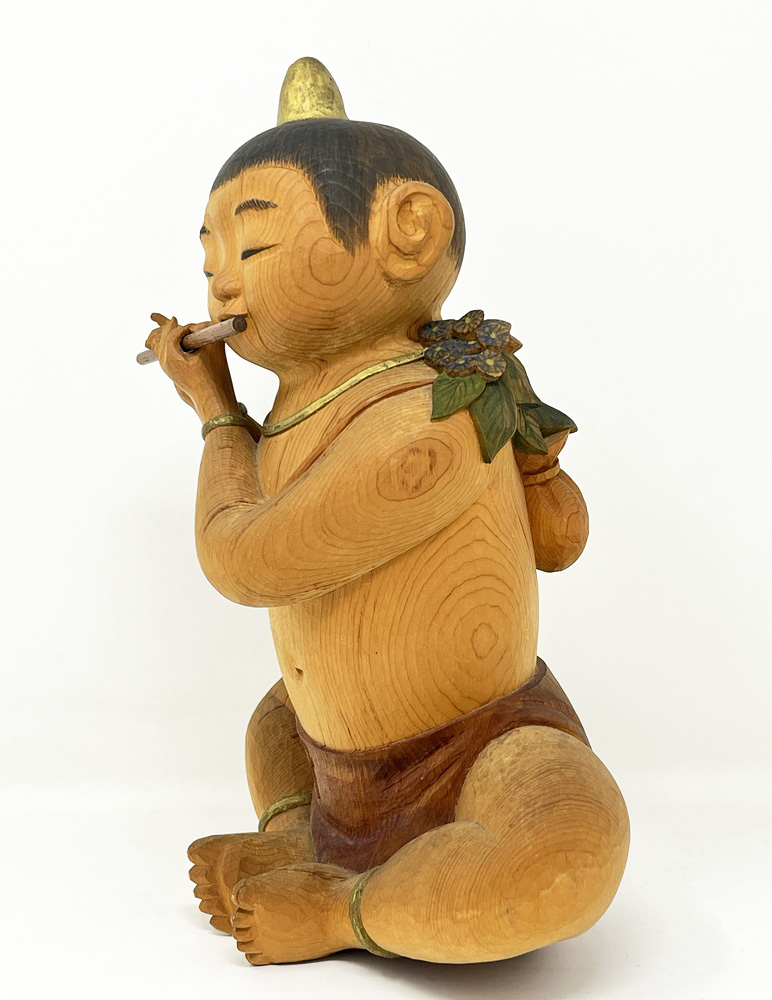 Pregiata scultura vintage “Onikko no mura matsuri” – "Festa del villaggio del piccolo oni" – di Kobayashi Gudō in legno di cipresso - immagine 3