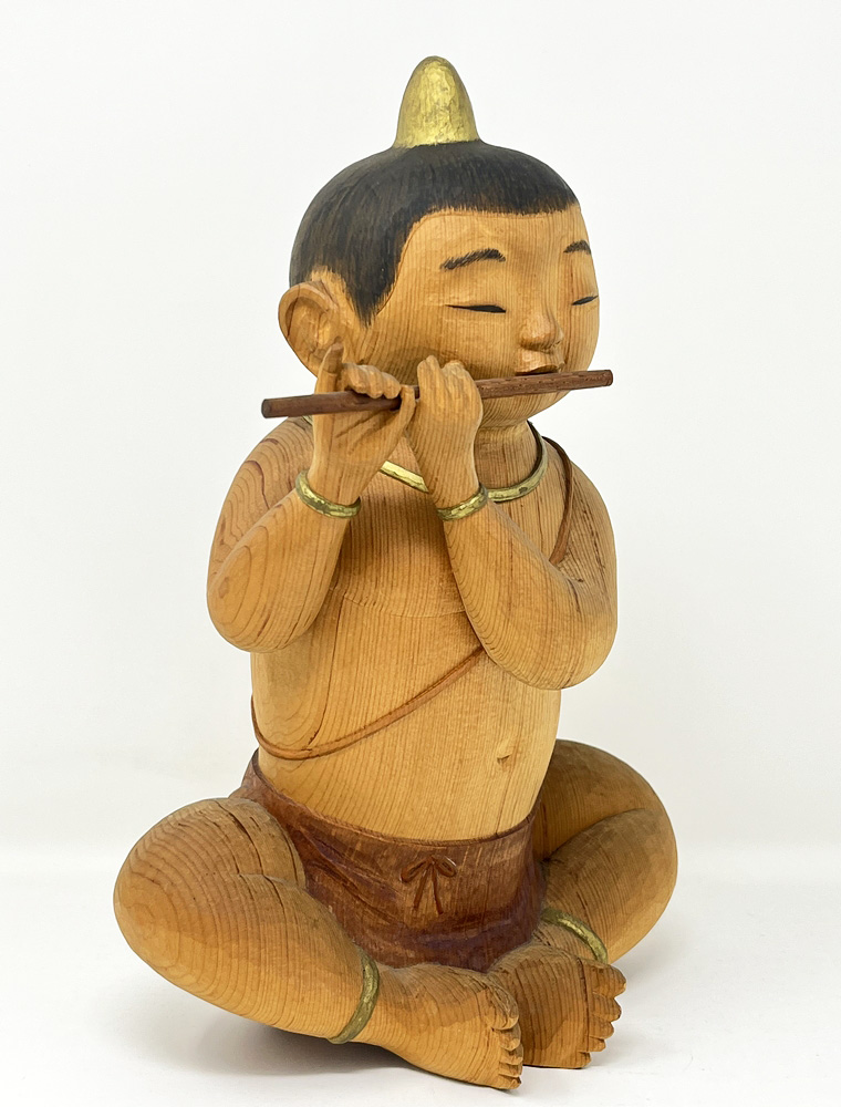 Pregiata scultura vintage “Onikko no mura matsuri” – "Festa del villaggio del piccolo oni" – di Kobayashi Gudō in legno di cipresso - immagine 6
