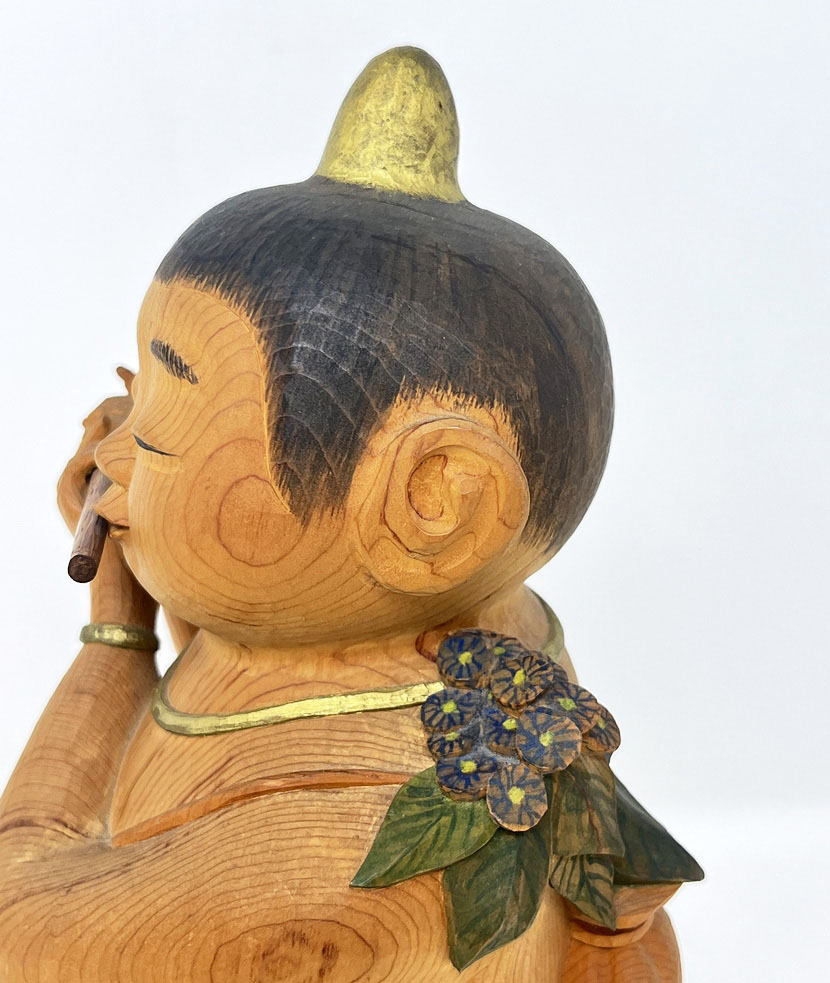 Pregiata scultura vintage “Onikko no mura matsuri” – "Festa del villaggio del piccolo oni" – di Kobayashi Gudō in legno di cipresso - immagine 10