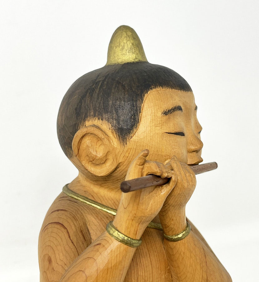 Pregiata scultura vintage “Onikko no mura matsuri” – "Festa del villaggio del piccolo oni" – di Kobayashi Gudō in legno di cipresso - immagine 13