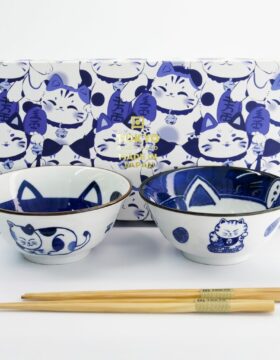 Set 2 ciotole giapponesi Kawaii Cat blu con bacchette – Tokyo Design Studio